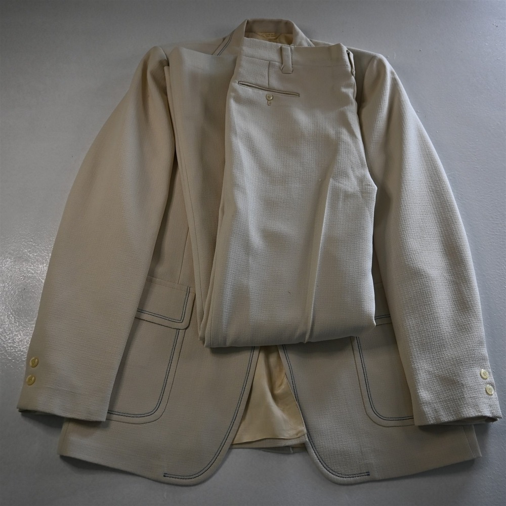 Vtg USA Made 40L 36x36 Ivory Slub Check Flared Bootcut Mens Jacket Pants Suit
